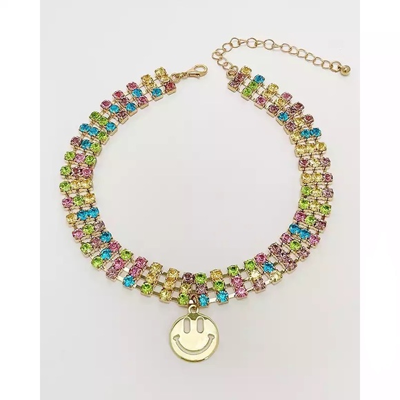 Zara Rainbow Rhinestone Smiley Charm Choker Necklaces + Chain - Picture 4 of 14
